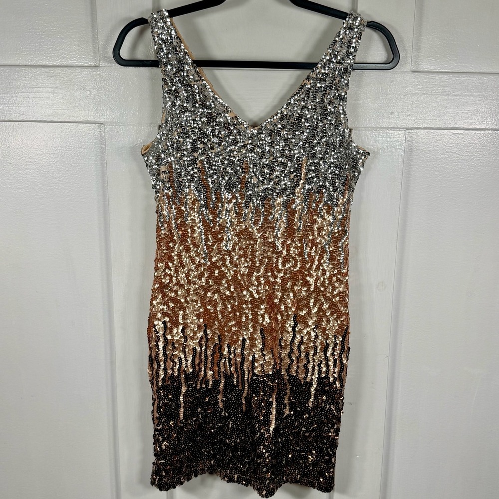PrettyGuide Womens S Sparkly Sequin V Neck Sheath Mini Dress Copper Black Silver